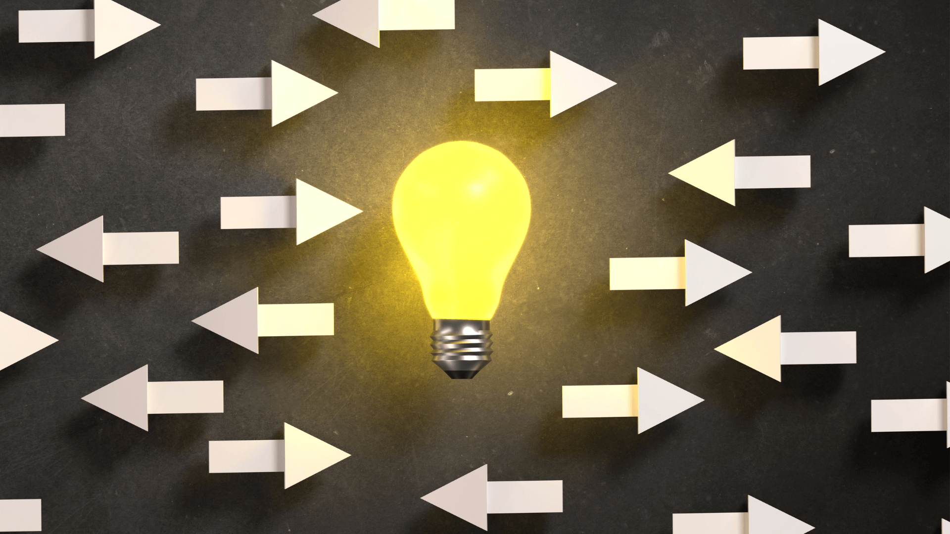 An image of a light bulb surrounded by different arrows pointing on opposite direction