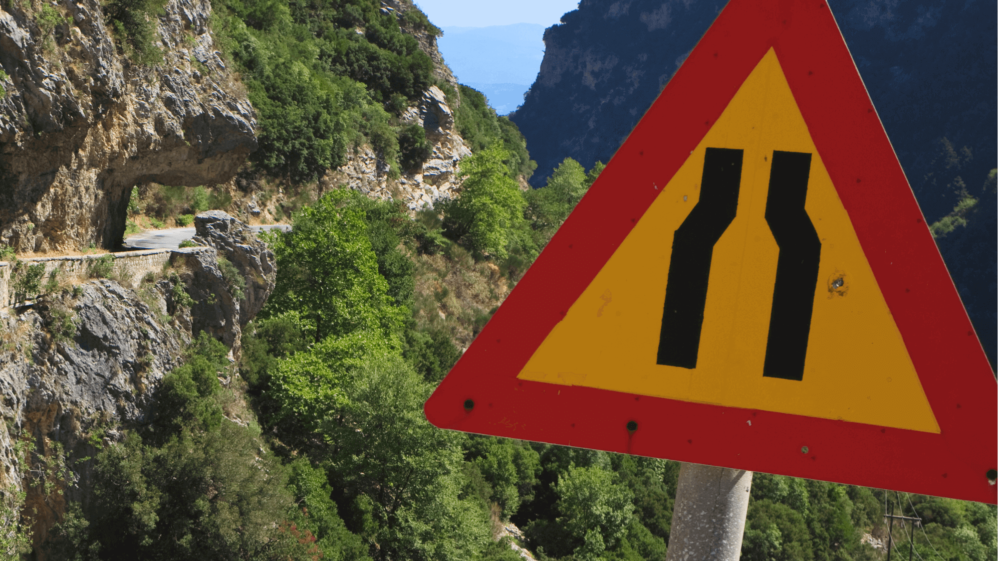 A warning road sign displaying "Road narrows on both sides"