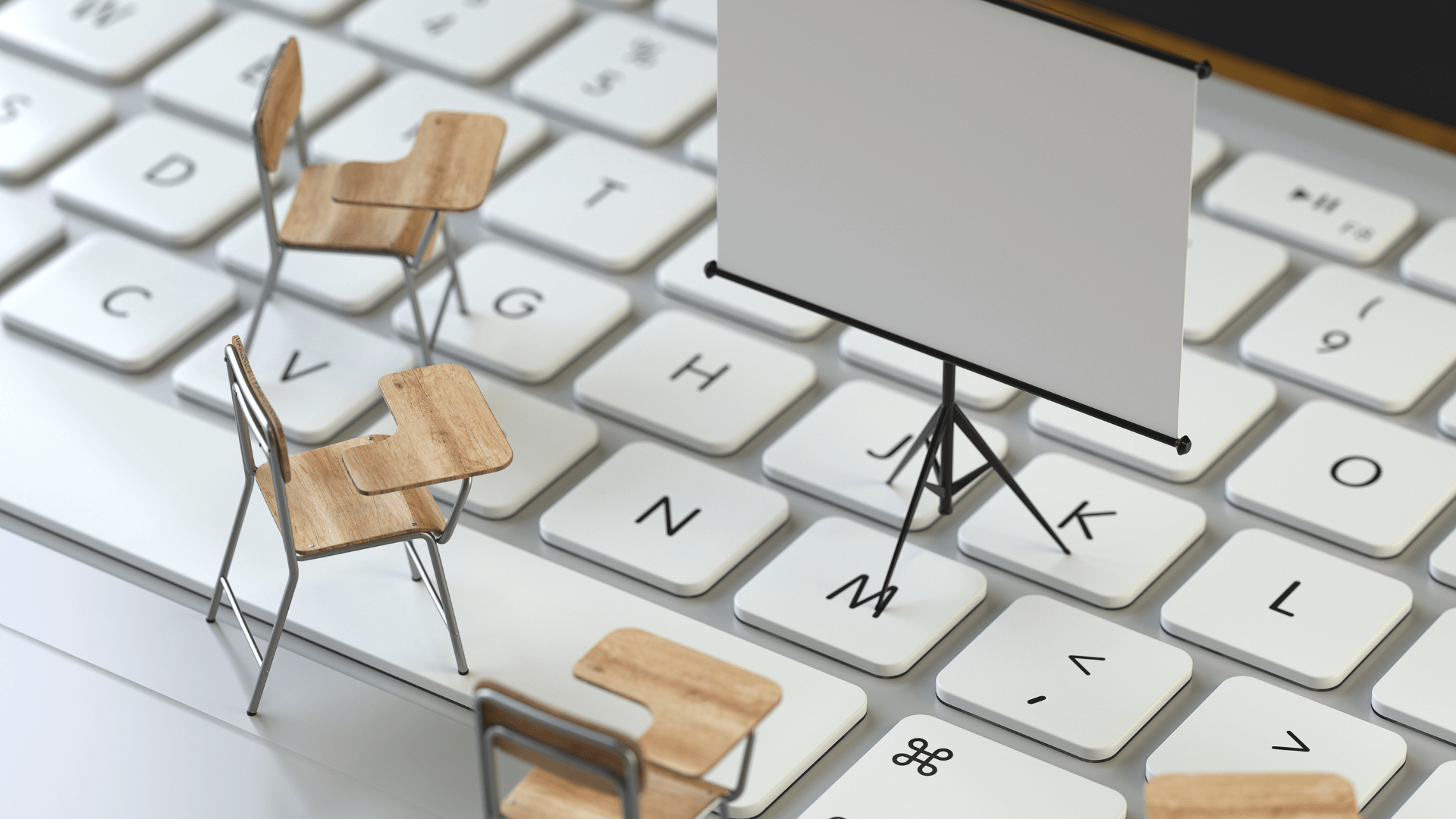 A keyboard with chairs and whiteboard placed on top