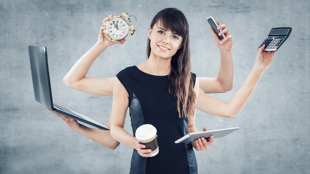 A woman with many hands which illustrates multiple tasks