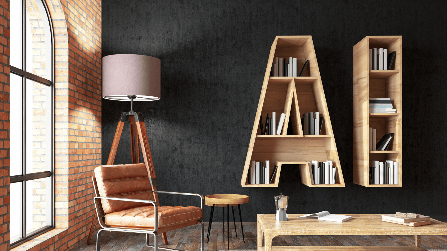 A view of a room with bookshelves displayed as A and I representing AI