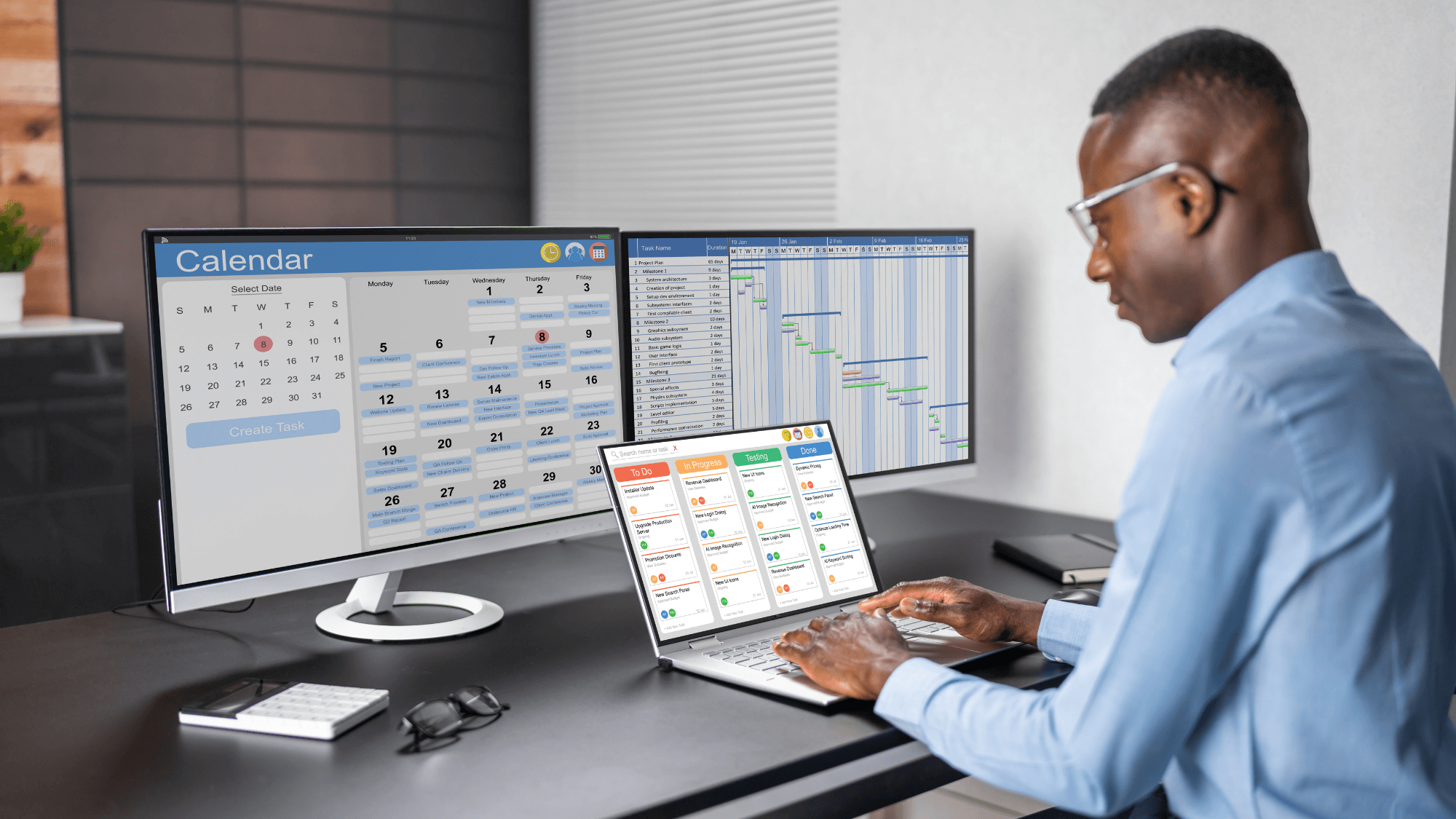A person looking on laptop that displays the tasks that need to be done and two monitors with dates and metrics