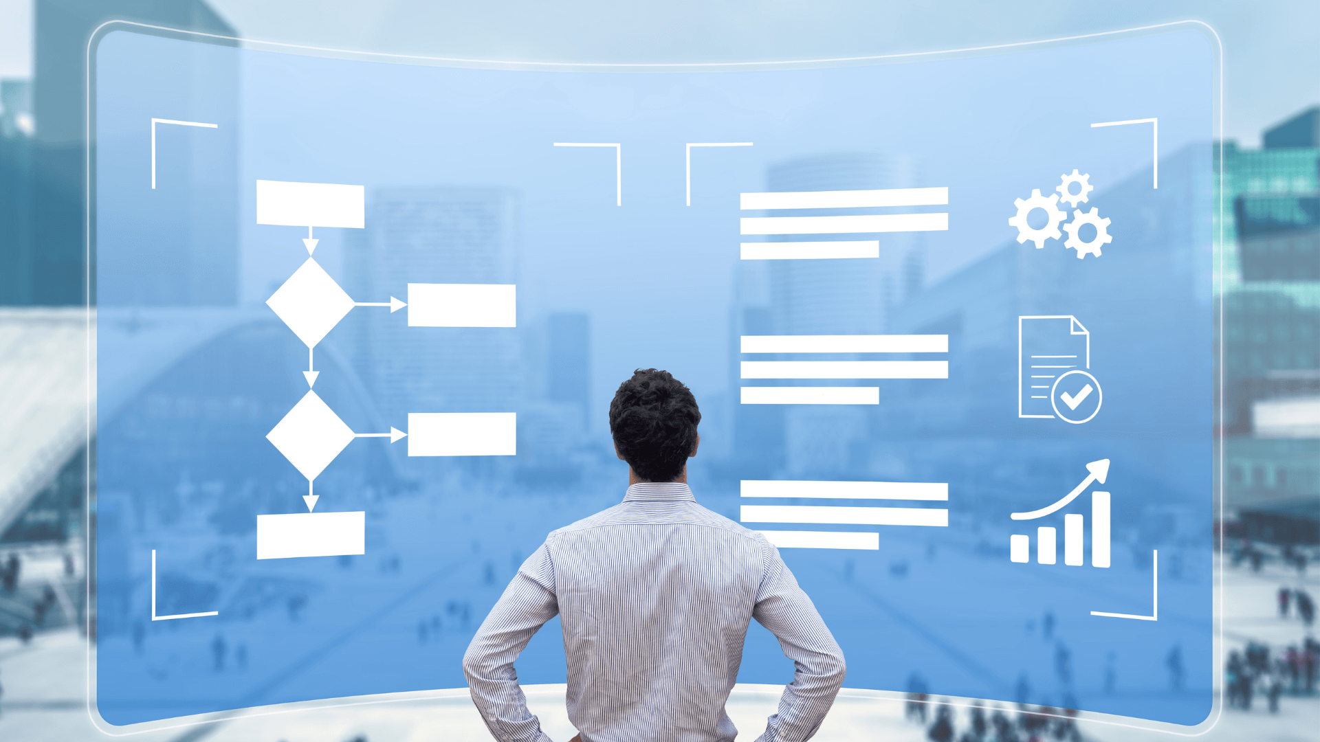 A person looking at different processes and flows