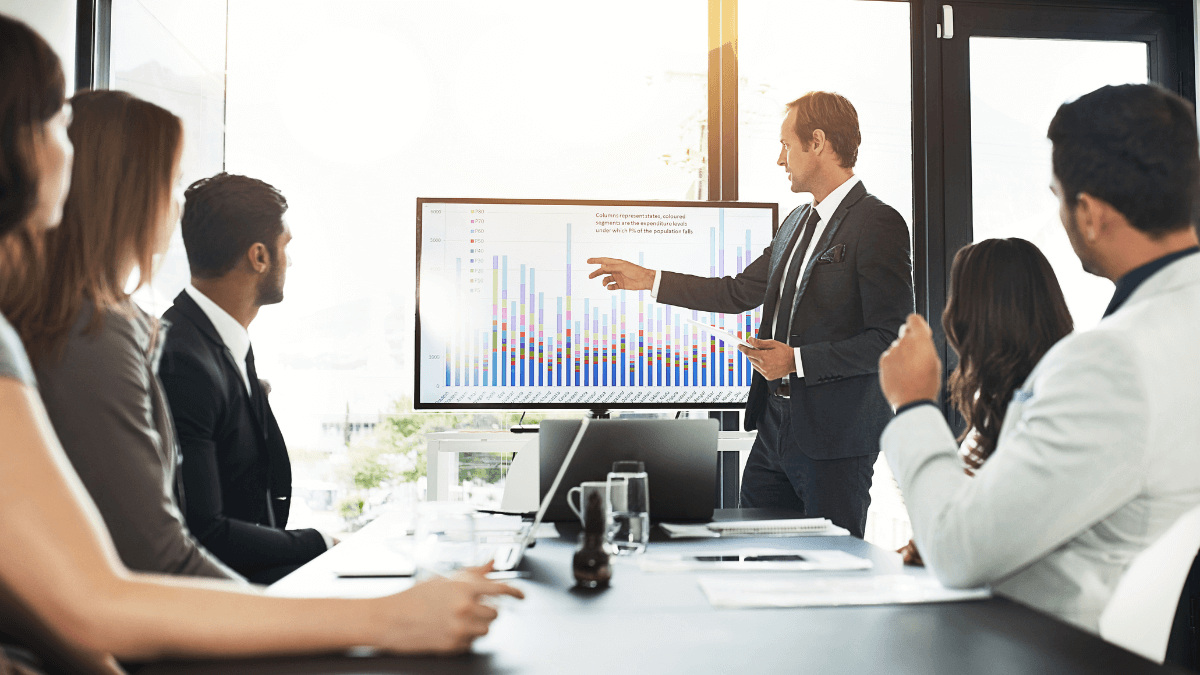 Employees having a meeting while one presenting with graphs using a monitor