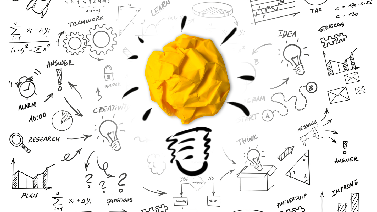 An image of a crumpled paper and processes illustrating that an idea starts from scratch