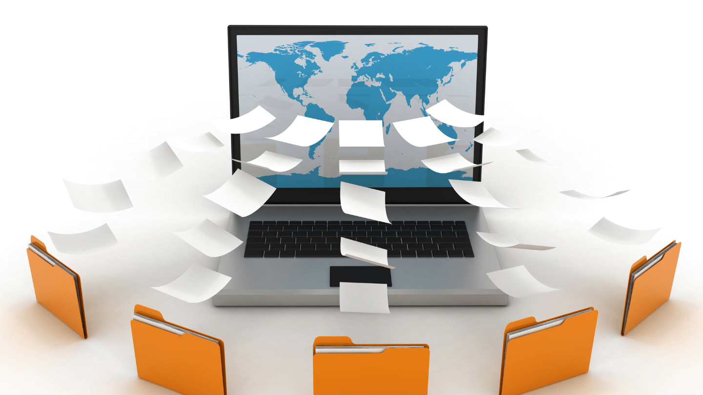 Files sending papers to the laptop which illustrates how sharing of files online to the world works