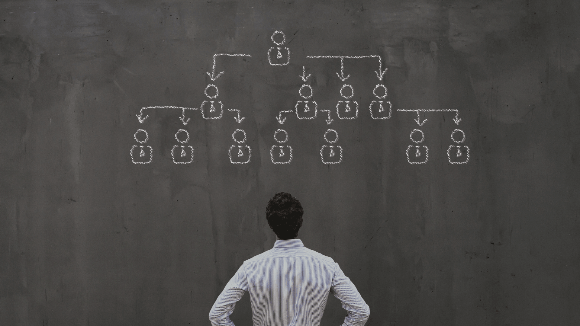 A person looking at a board with a drawing showing an organizational structure