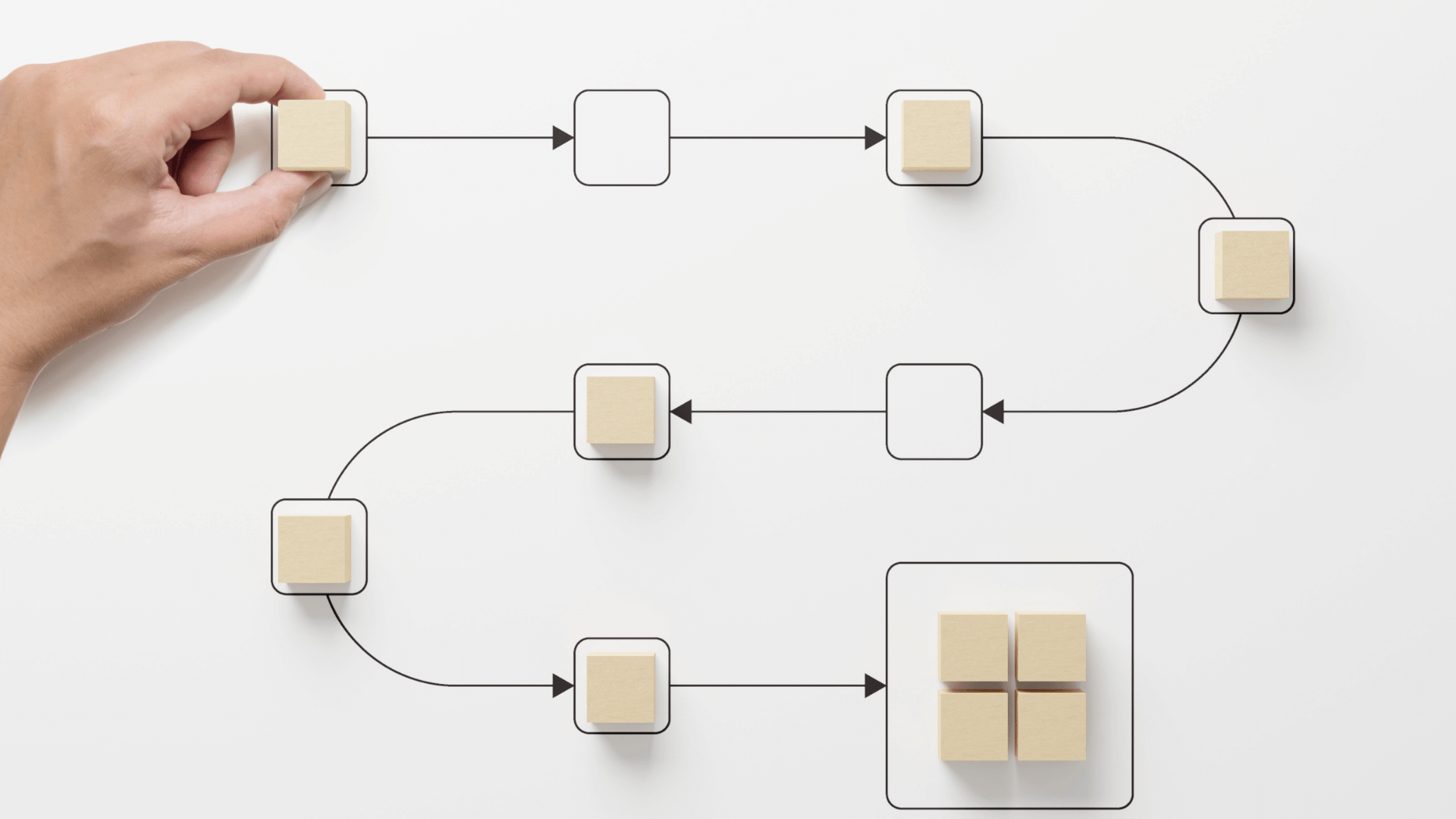 Image of wooden blocks placed on a workflow which connects each other until the final goal of accumulating all the blocks in a single space