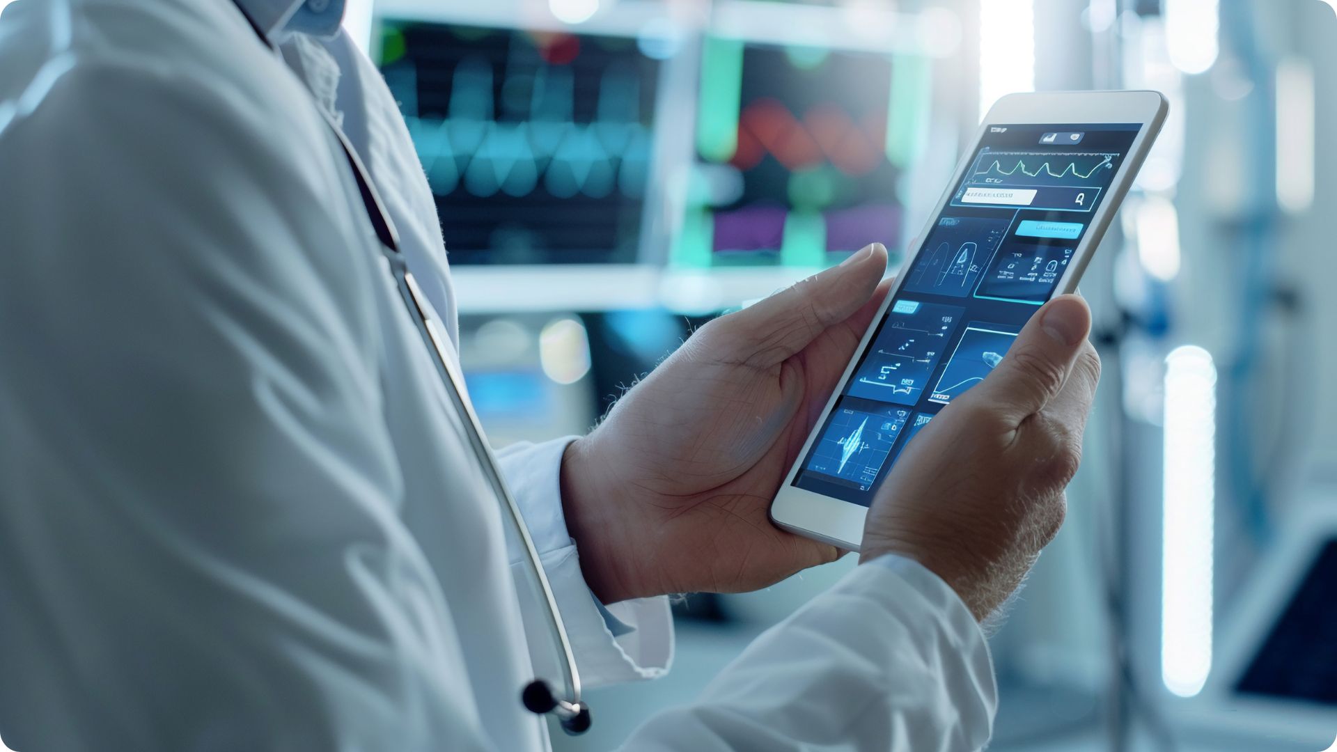 Man holding a tablet, analyzing graphs and charts displayed on the screen