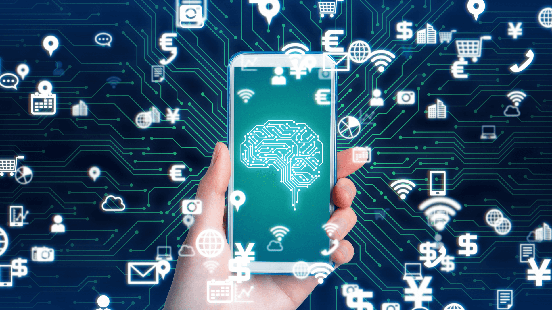 A person holding a phone displaying a brain-like figure with AI