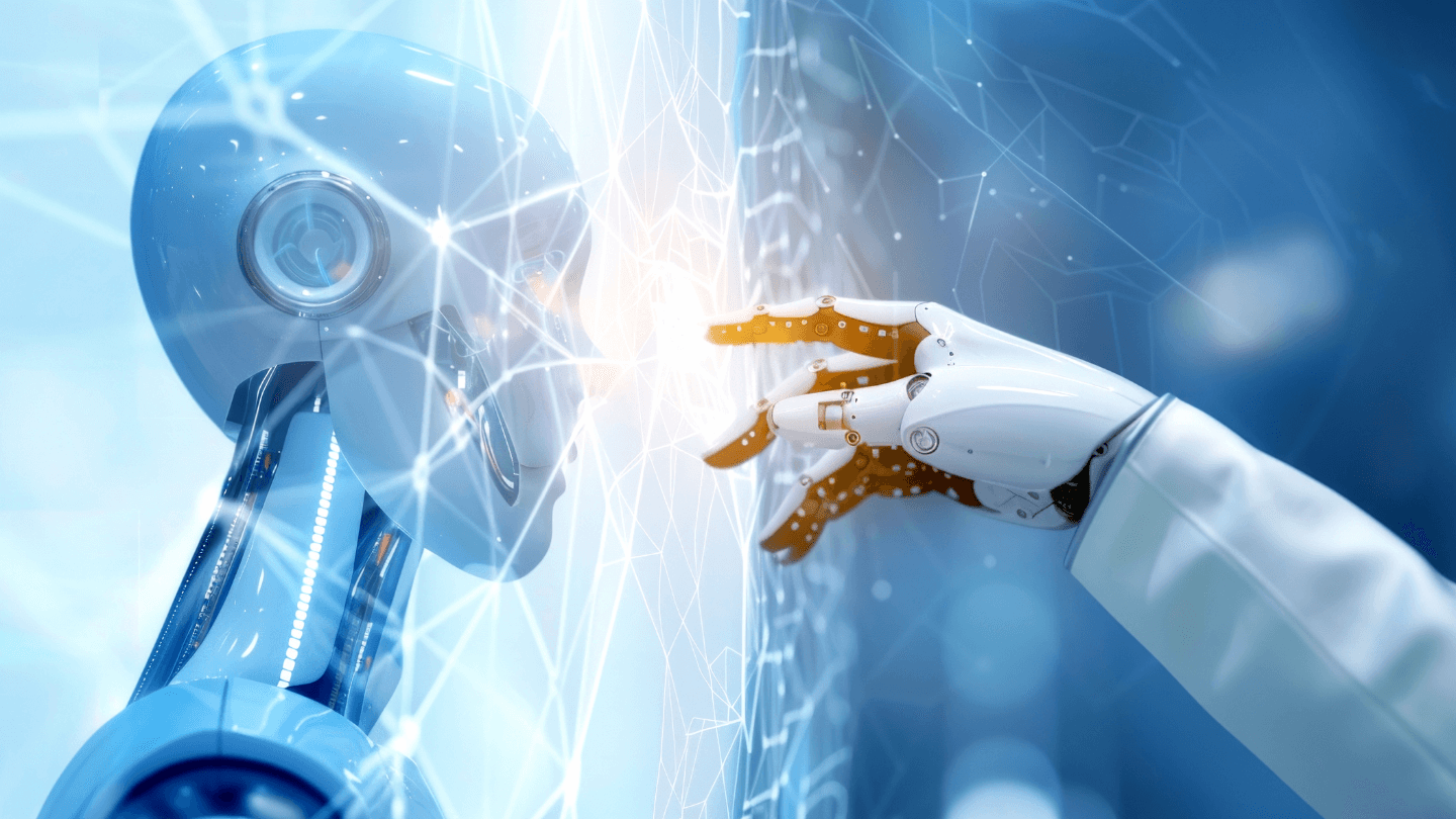 A robot hand reaching out to another robot's face